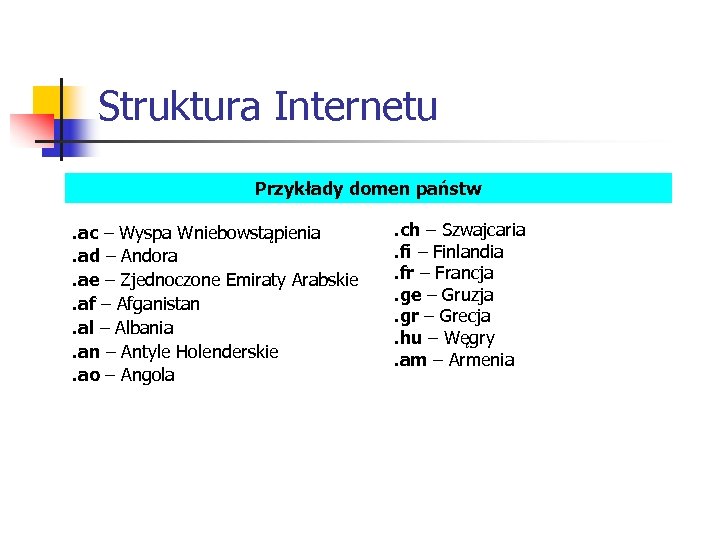 Struktura Internetu Przykłady domen państw. ac – Wyspa Wniebowstąpienia. ad – Andora. ae –