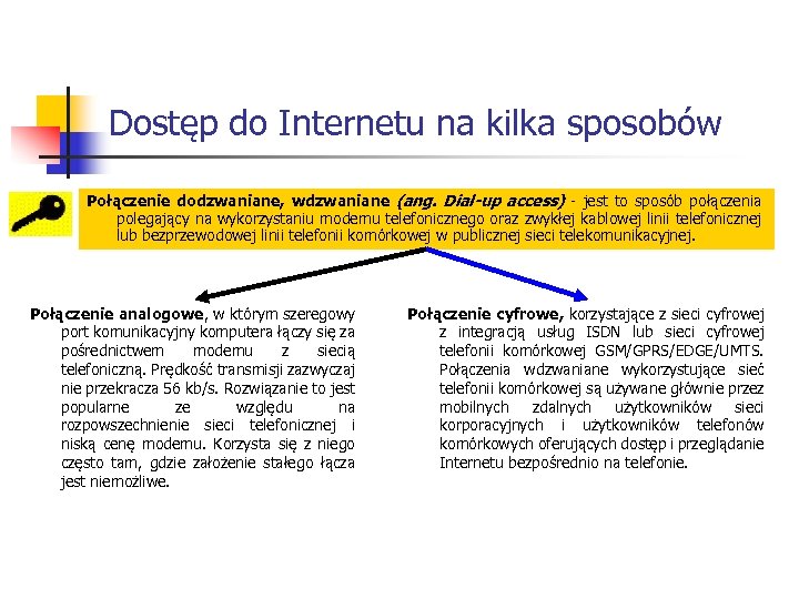 Dostęp do Internetu na kilka sposobów Połączenie dodzwaniane, wdzwaniane (ang. Dial-up access) - jest