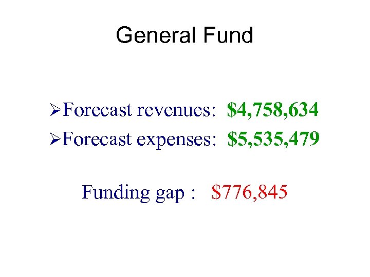 General Fund ØForecast revenues: $4, 758, 634 ØForecast expenses: $5, 535, 479 Funding gap