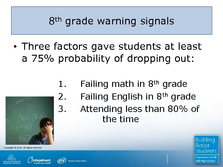 8 th grade warning signals • Three factors gave students at least a 75%