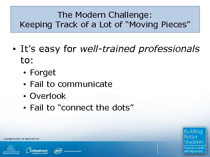 The Modern Challenge: Keeping Track of a Lot of “Moving Pieces” • It’s easy