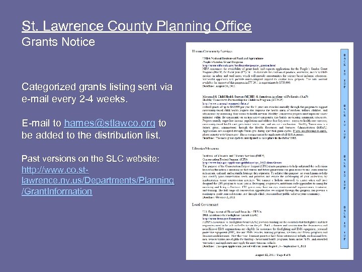 St. Lawrence County Planning Office Grants Notice Categorized grants listing sent via e-mail every
