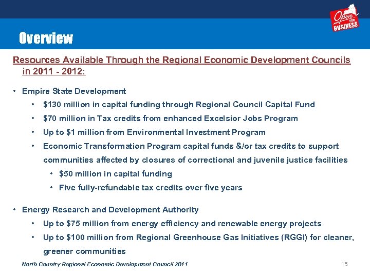 Overview Resources Available Through the Regional Economic Development Councils in 2011 - 2012: •