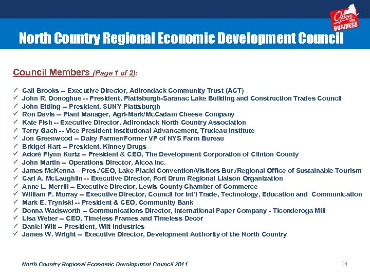 North Country Regional Economic Development Council Members (Page 1 of 2): ü ü ü