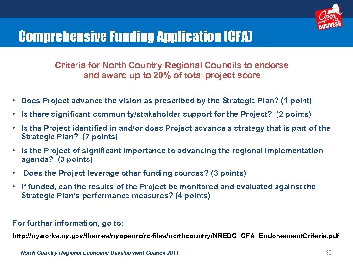 Comprehensive Funding Application (CFA) Criteria for North Country Regional Councils to endorse and award