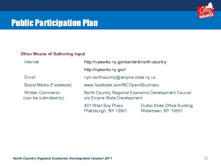 Public Participation Plan Other Means of Gathering Input Internet http: //nyworks. ny. gov/content/north-country http:
