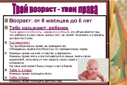 Возраст: от 0 месяцев до 6 лет Тебя называют: ребенок Твоя дееспособность: недееспособный, это