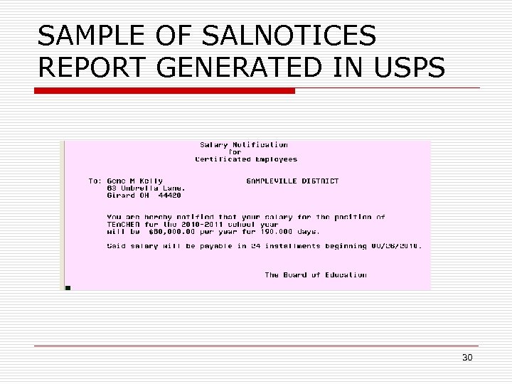 SAMPLE OF SALNOTICES REPORT GENERATED IN USPS 30 