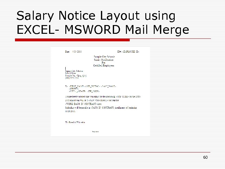 Salary Notice Layout using EXCEL- MSWORD Mail Merge 60 