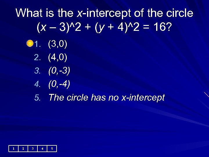 What is the x-intercept of the circle (x – 3)^2 + (y + 4)^2