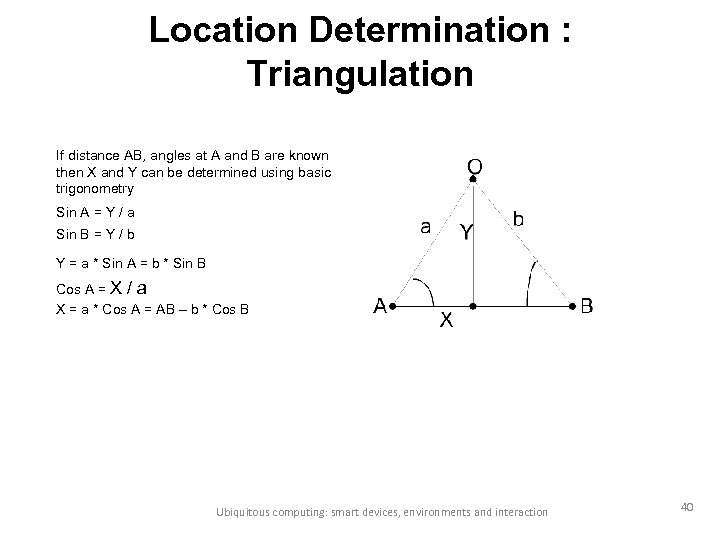 Location Determination : Triangulation If distance AB, angles at A and B are known