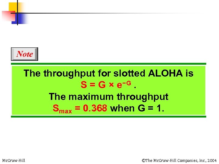 Note The throughput for slotted ALOHA is S = G × e−G. The maximum