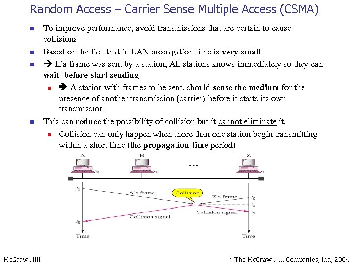 Random Access – Carrier Sense Multiple Access (CSMA) n n Mc. Graw-Hill To improve