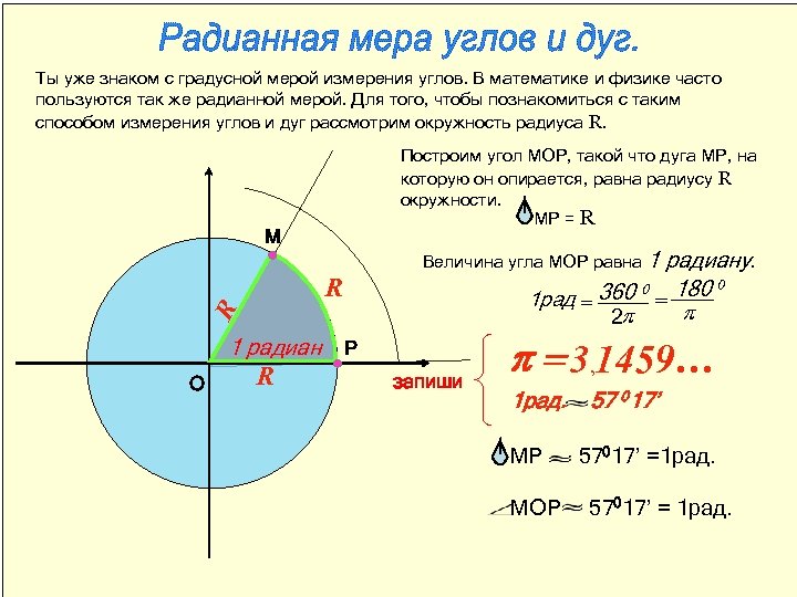 Ты уже знаком с градусной мерой измерения углов. В математике и физике часто пользуются