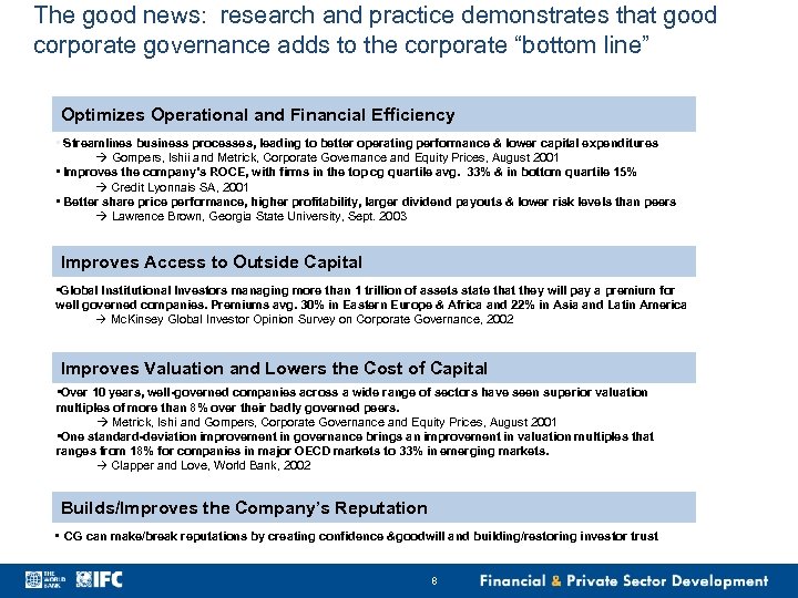 The good news: research and practice demonstrates that good corporate governance adds to the