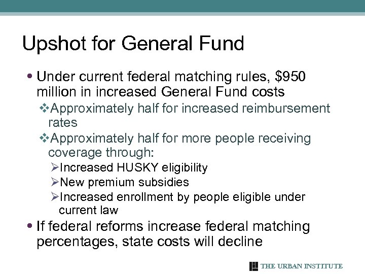 Upshot for General Fund • Under current federal matching rules, $950 million in increased