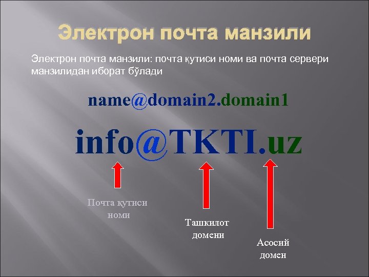 Электрон почта манзили: почта қутиси номи ва почта сервери манзилидан иборат бўлади name@domain 2.