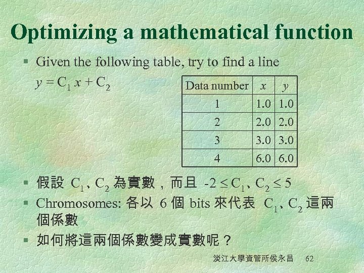 Optimizing a mathematical function § Given the following table, try to find a line