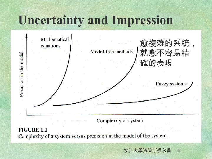 Uncertainty and Impression 愈複雜的系統， 就愈不容易精 確的表現 淡江大學資管所侯永昌 8 