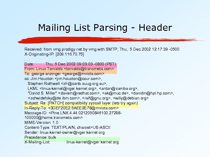 Mailing List Parsing - Header Received: from vmg. prodigy. net by vmg with SMTP;