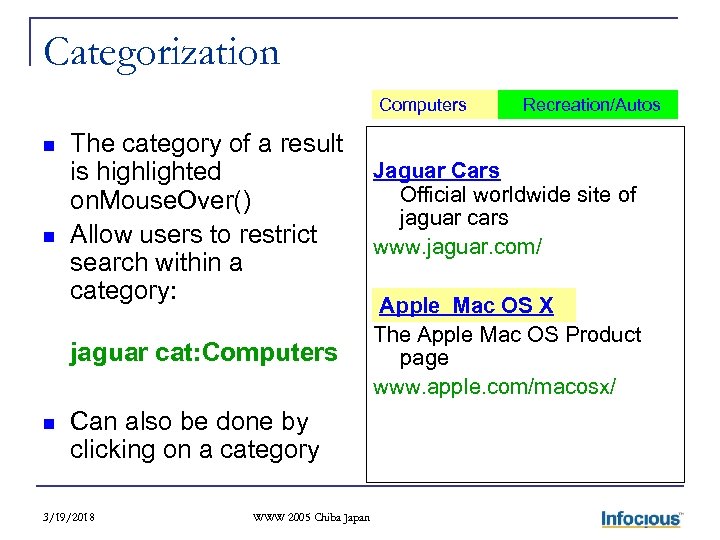 Categorization Computers n n The category of a result is highlighted on. Mouse. Over()