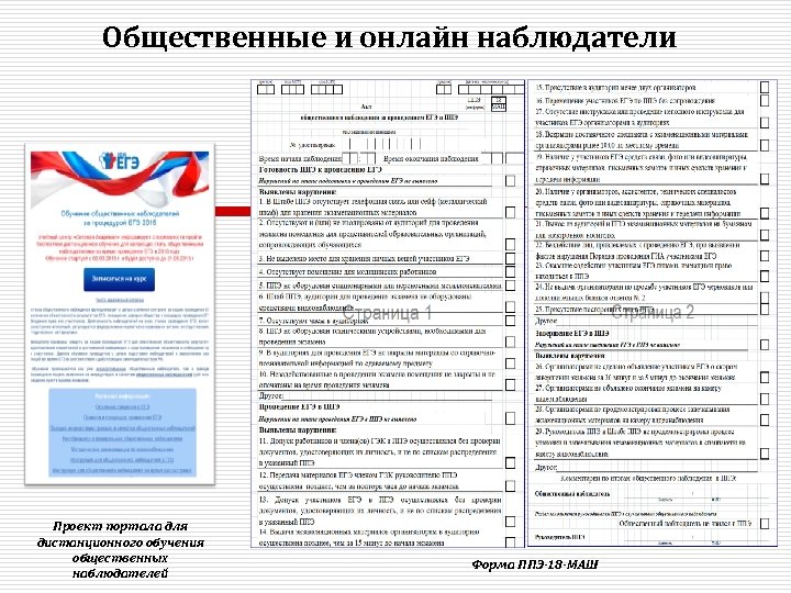 Общественные и онлайн наблюдатели Проект портала для дистанционного обучения общественных наблюдателей Форма ППЭ-18 -МАШ