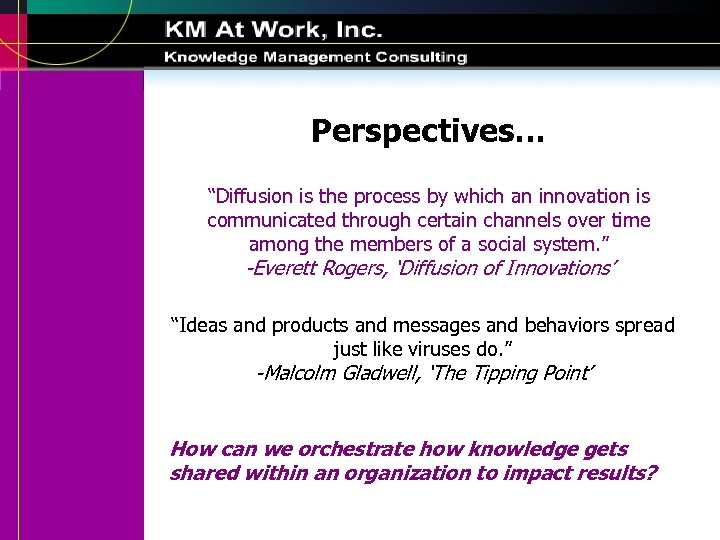 Perspectives… “Diffusion is the process by which an innovation is communicated through certain channels