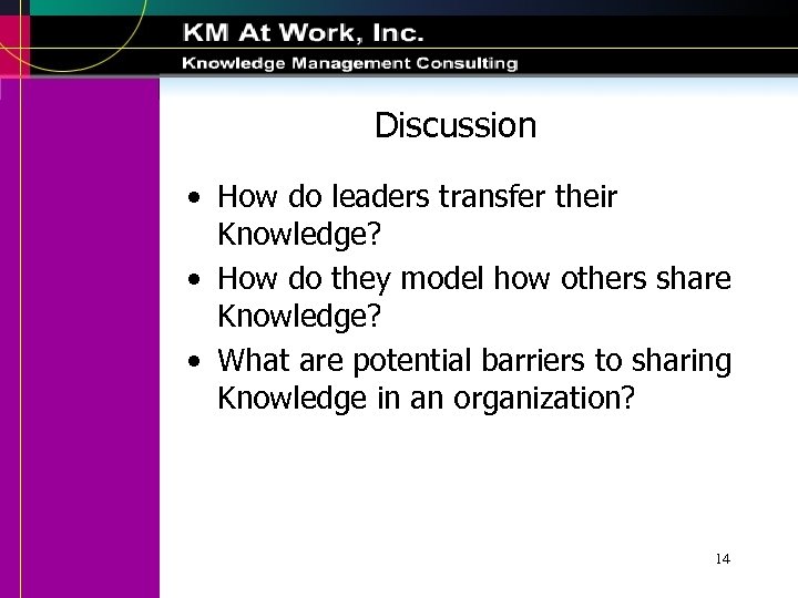 Discussion • How do leaders transfer their Knowledge? • How do they model how