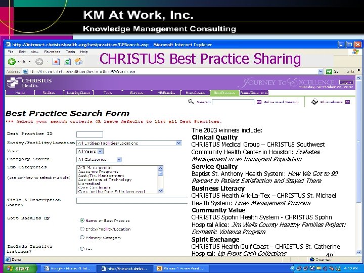 CHRISTUS Best Practice Sharing The 2003 winners include: Clinical Quality CHRISTUS Medical Group –