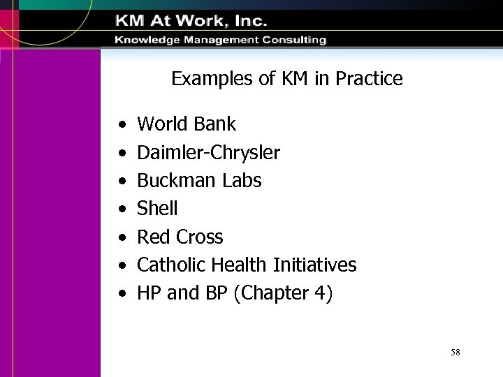 Examples of KM in Practice • • World Bank Daimler-Chrysler Buckman Labs Shell Red