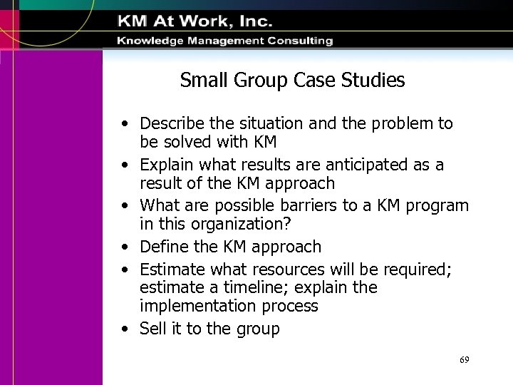 Small Group Case Studies • Describe the situation and the problem to be solved