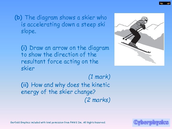 (b) The diagram shows a skier who is accelerating down a steep ski slope.