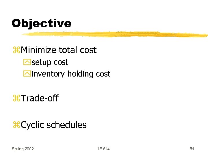 Objective z. Minimize total cost ysetup cost yinventory holding cost z. Trade-off z. Cyclic