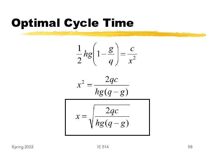 Optimal Cycle Time Spring 2002 IE 514 58 