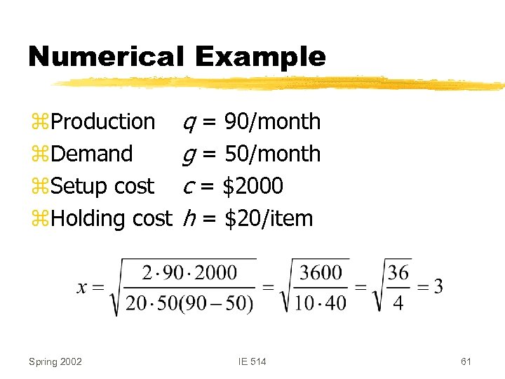 Numerical Example z. Production z. Demand z. Setup cost z. Holding cost Spring 2002