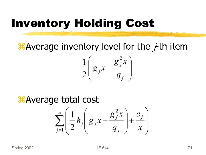 Inventory Holding Cost z. Average inventory level for the j-th item z. Average total