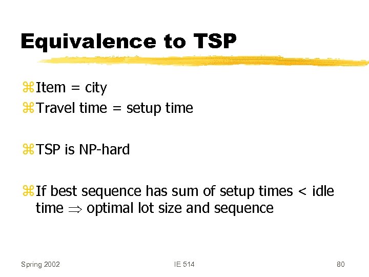 Equivalence to TSP z Item = city z Travel time = setup time z