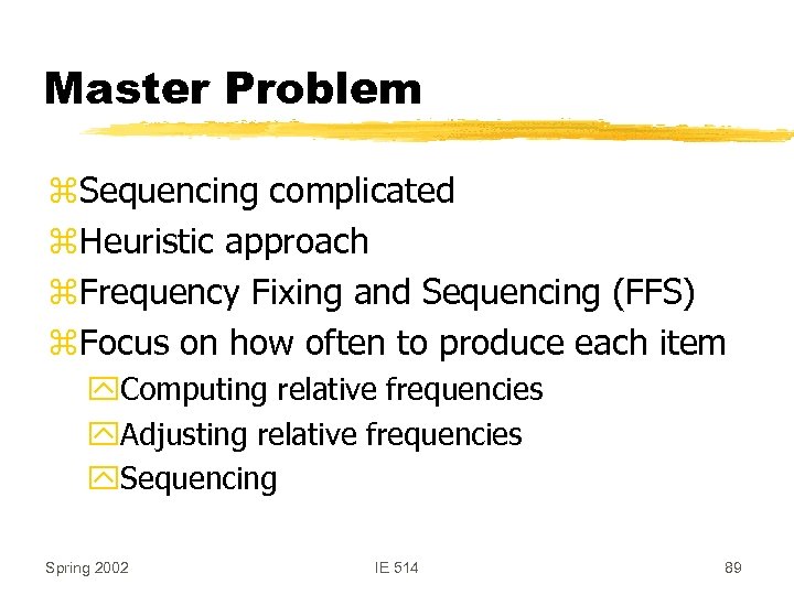 Master Problem z. Sequencing complicated z. Heuristic approach z. Frequency Fixing and Sequencing (FFS)