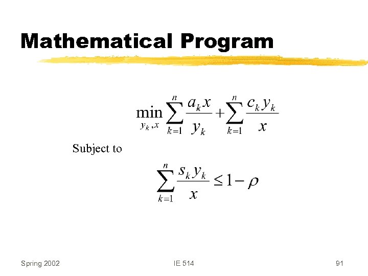 Mathematical Program Subject to Spring 2002 IE 514 91 