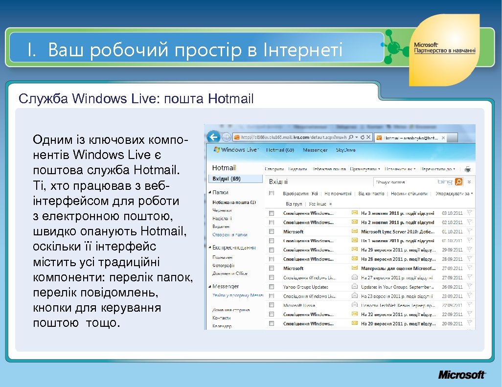 І. Ваш робочий простір в Інтернеті Служба Windows Live: пошта Hotmail Одним із ключових