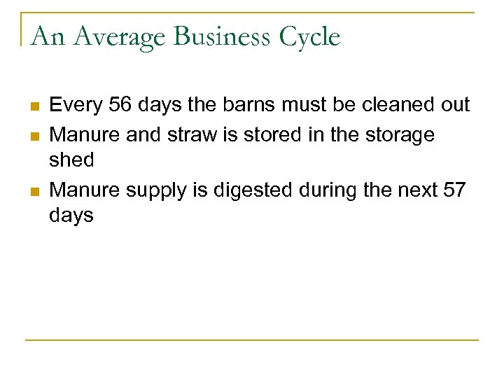 An Average Business Cycle n n n Every 56 days the barns must be