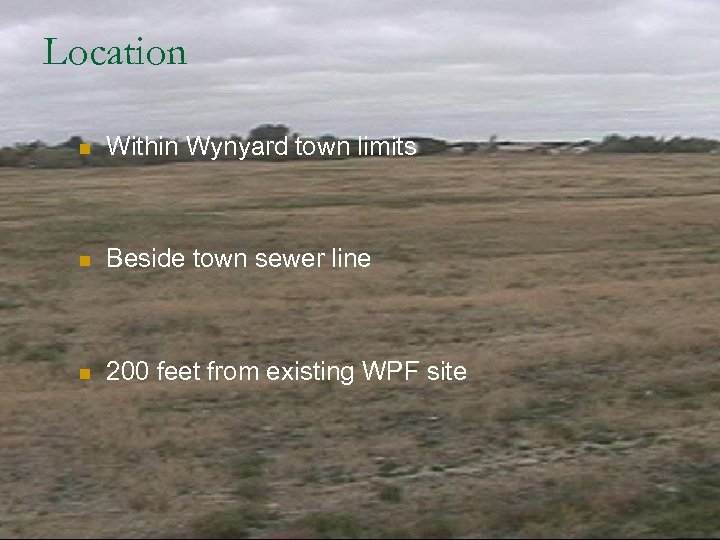 Location n Within Wynyard town limits n Beside town sewer line n 200 feet