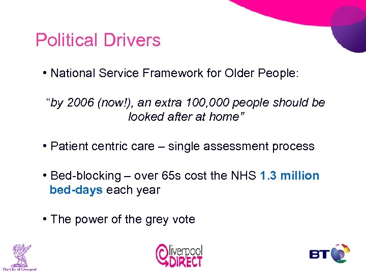 Political Drivers • National Service Framework for Older People: “by 2006 (now!), an extra