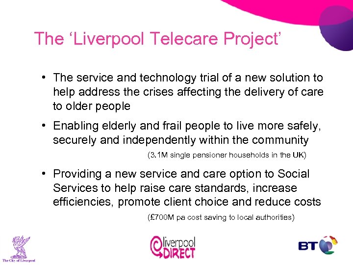 The ‘Liverpool Telecare Project’ • The service and technology trial of a new solution