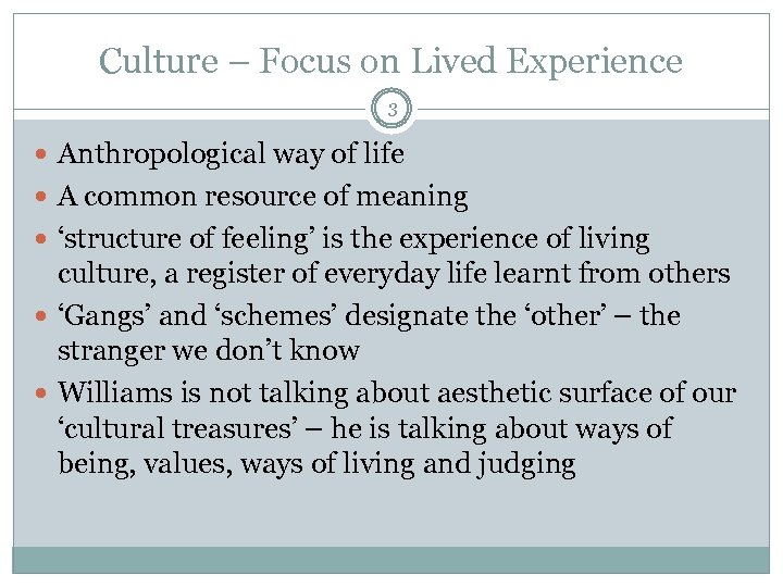 Culture – Focus on Lived Experience 3 Anthropological way of life A common resource