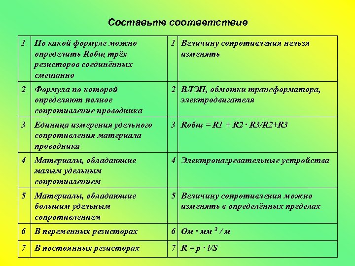 Составьте соответствие 1 По какой формуле можно определить Rобщ трёх резисторов соединённых смешанно 1