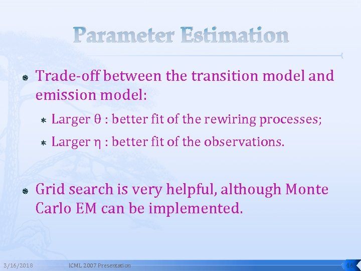 Parameter Estimation Trade-off between the transition model and emission model: 3/16/2018 Larger θ :