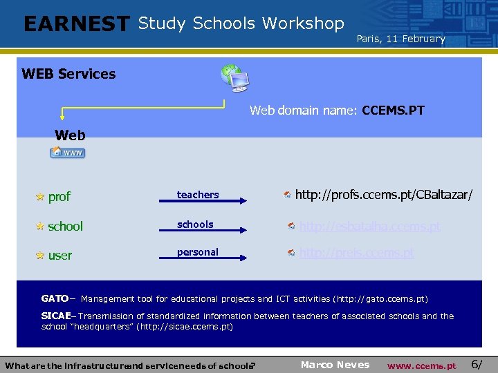 EARNEST Study Schools Workshop Paris, 11 February WEB Services Web domain name: CCEMS. PT