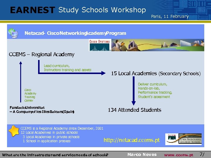 EARNEST Study Schools Workshop Paris, 11 February Netacad- Cisco Networking Academy. Program CCEMS –