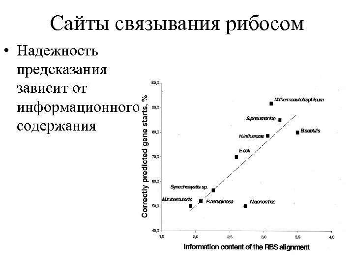 Сайты связывания рибосом • Надежность предсказания зависит от информационного содержания 